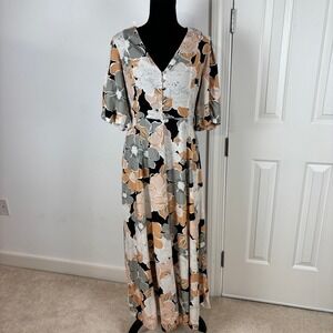 Petal & Pup Tiarni Floral Maxi Dress Peach Gray White Black V Neck Button Front